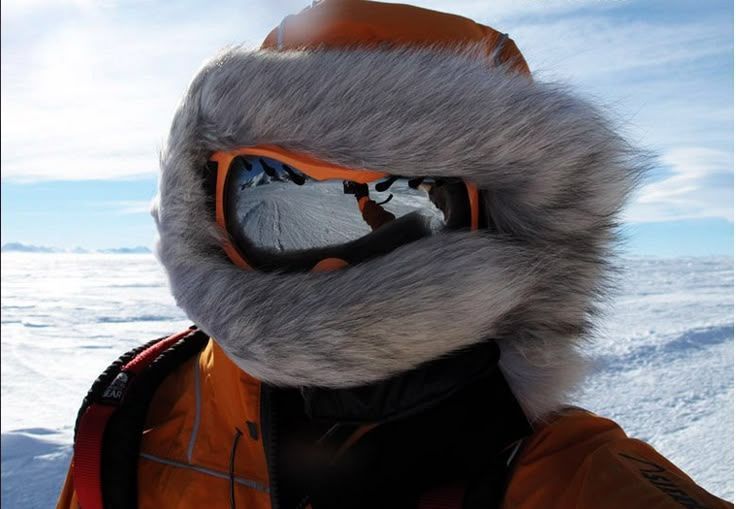 Fur hood and mirrored goggles