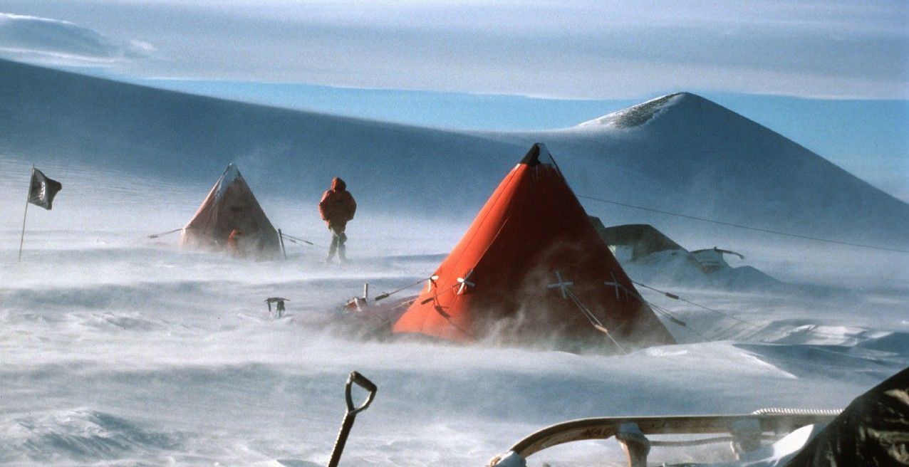 Tents in blowing snow