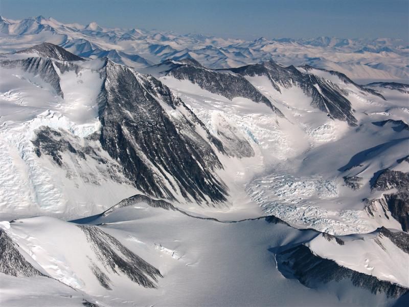 Aerial view of rock ridges in the ice