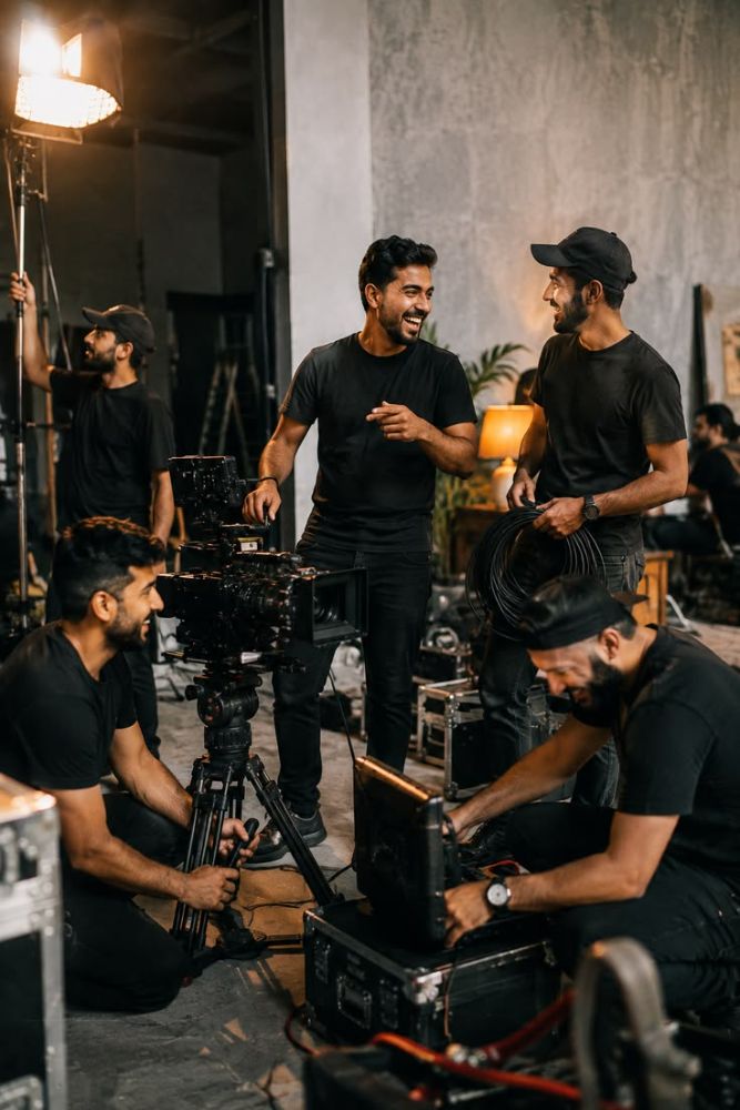 Crew gathered around a camera on set