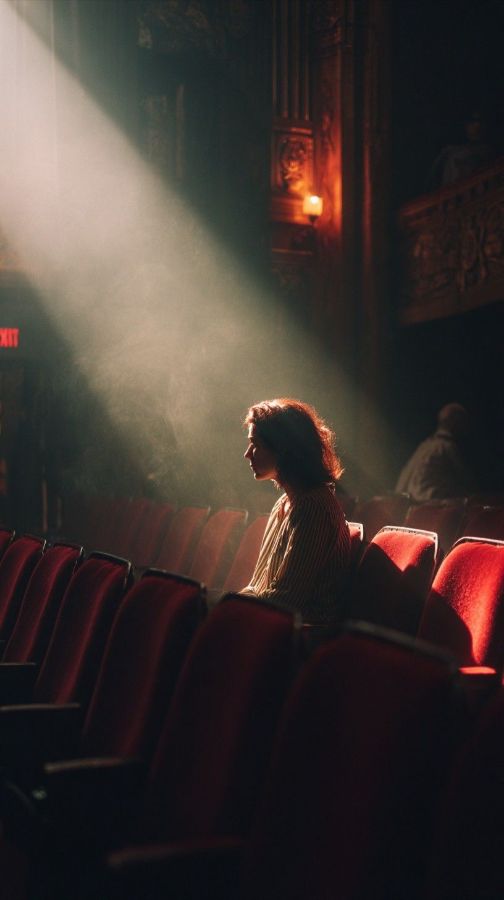 Woman alone in cinema seats in a beam of light