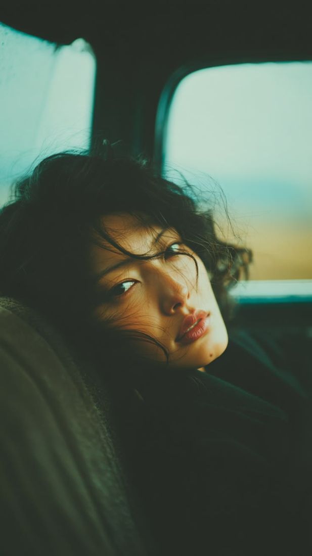 Woman leaning against a car window in soft evening light