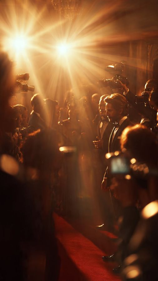 Camera flashes on a red carpet