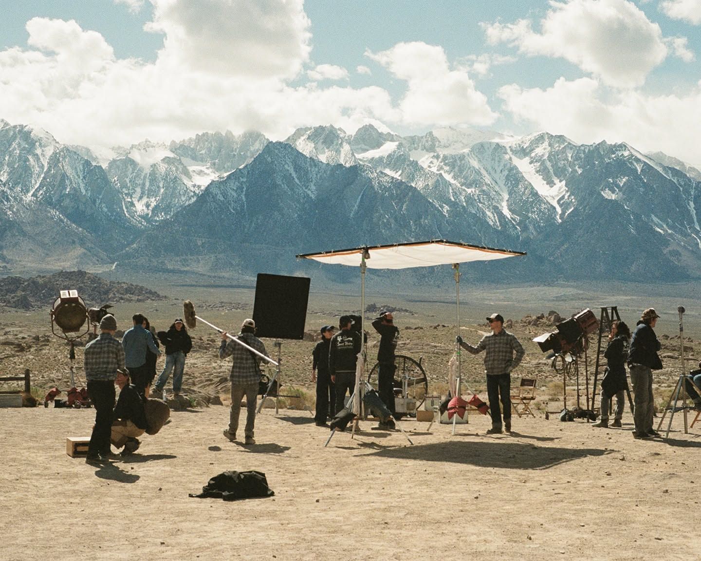 Location shoot in the desert below mountains