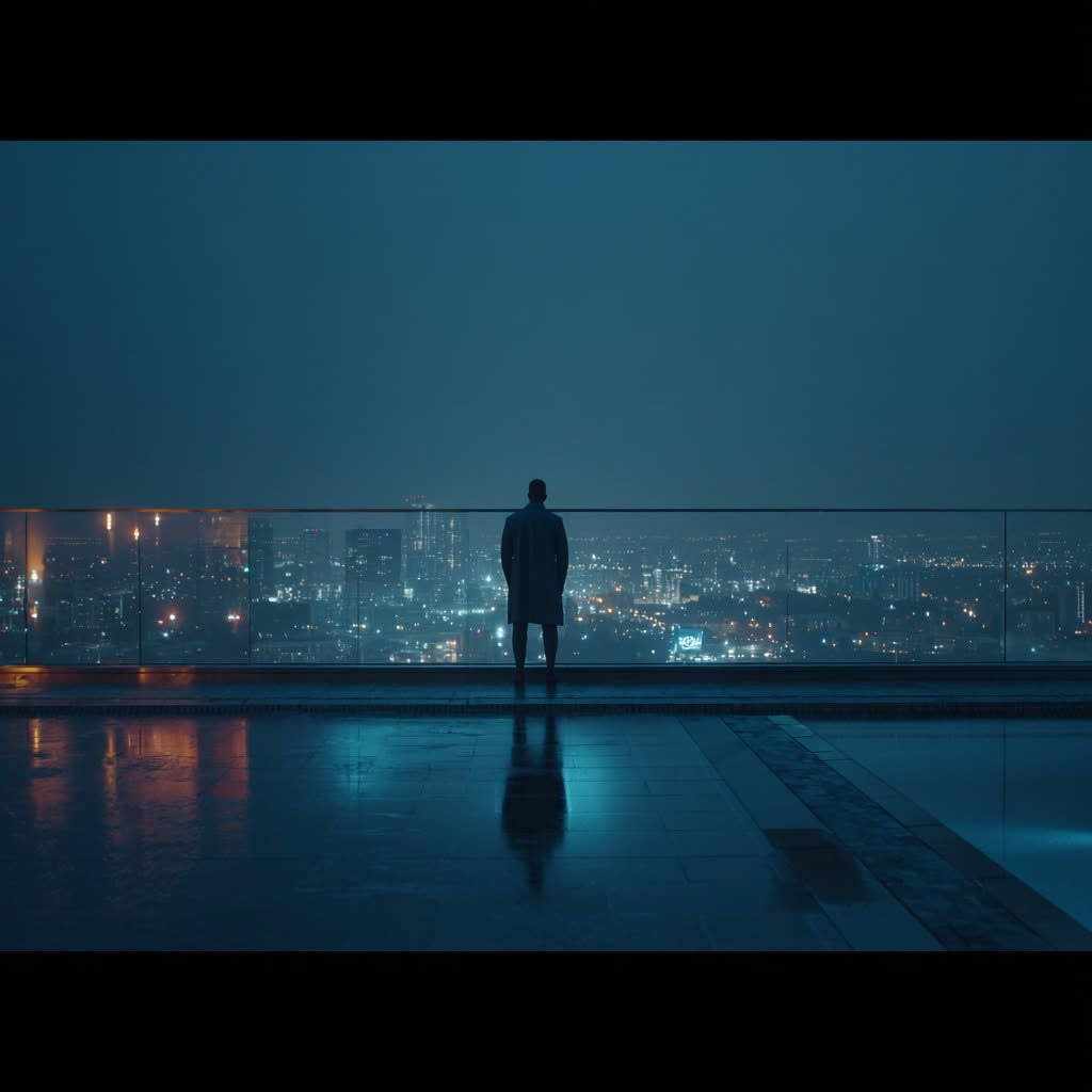 Lone figure on a rooftop over a blue city