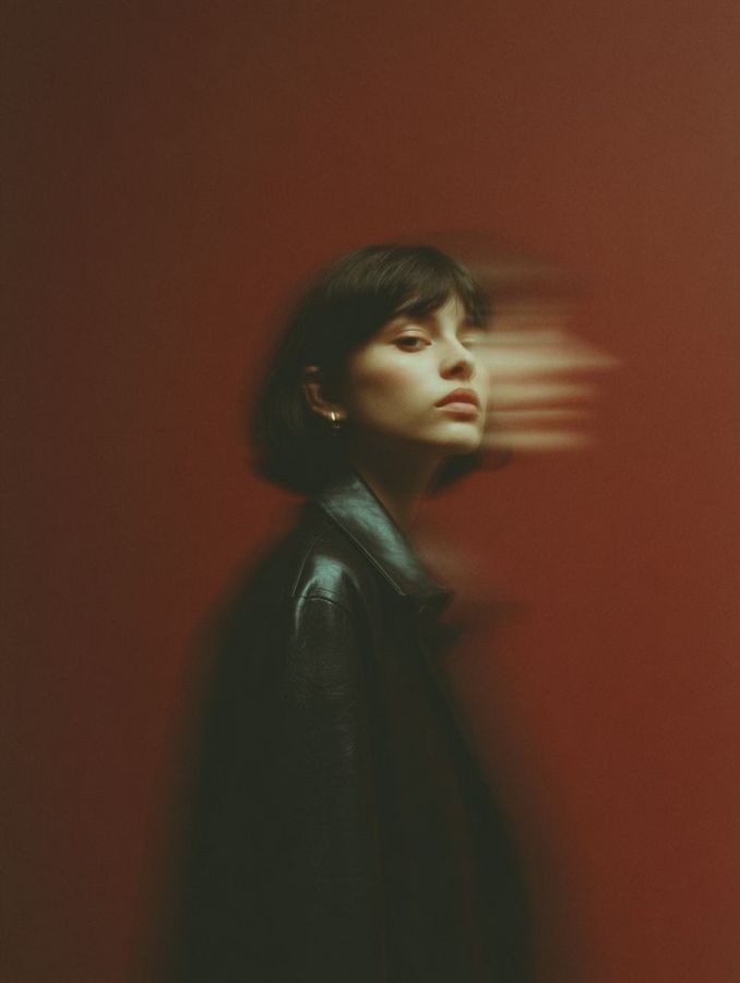 Portrait with motion blur against a red wall