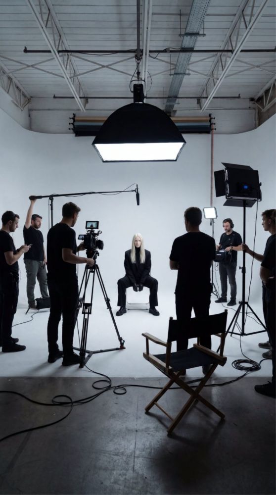 Crew around a seated subject in a white studio