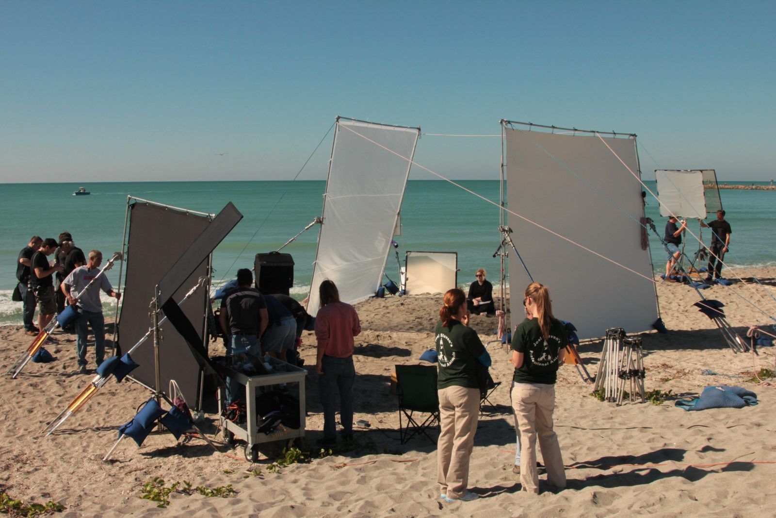 Film crew with reflectors on a beach set