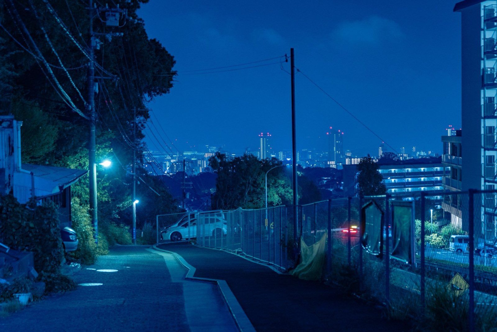 Empty street at night under blue light