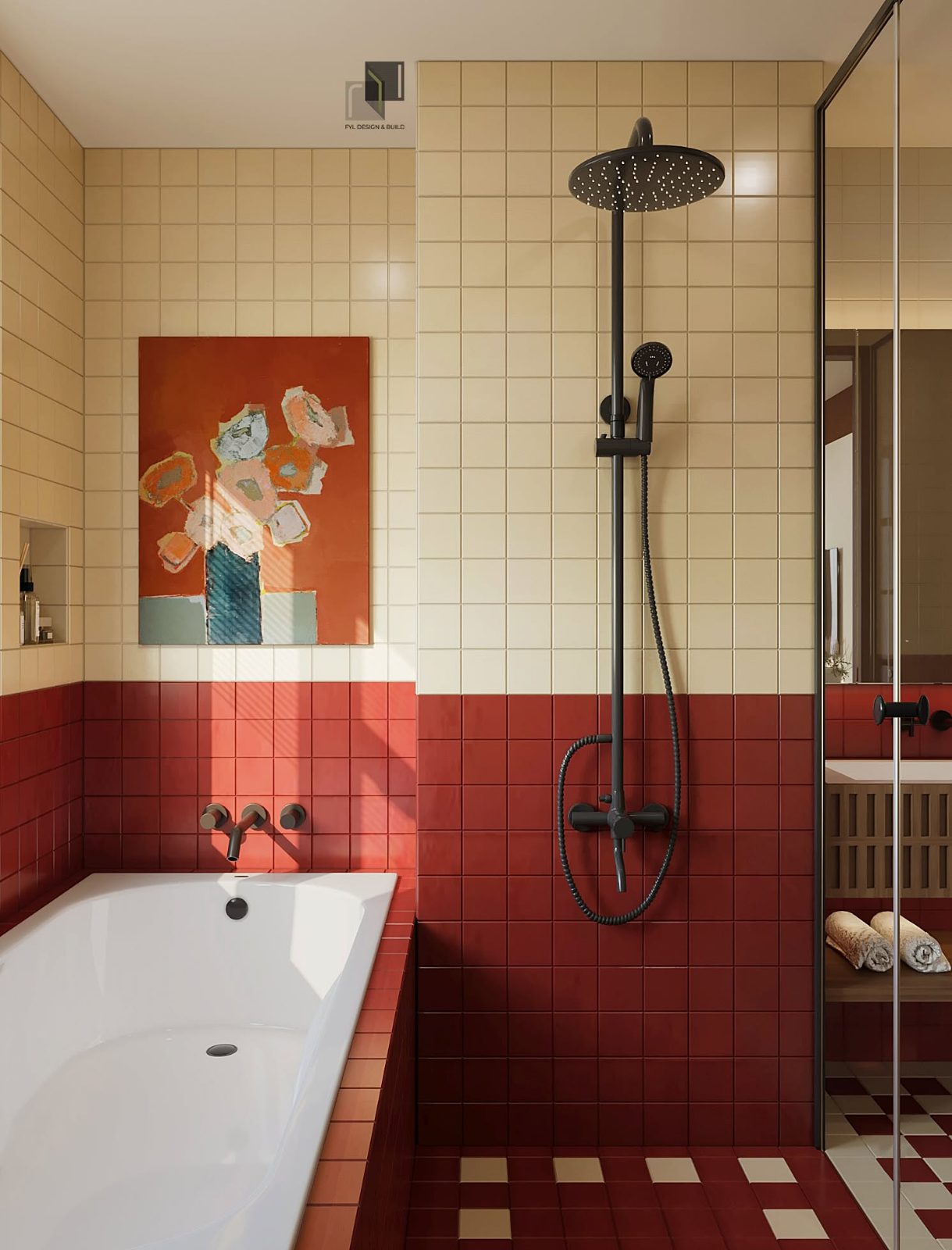 Red and cream tiled bathroom with a tub