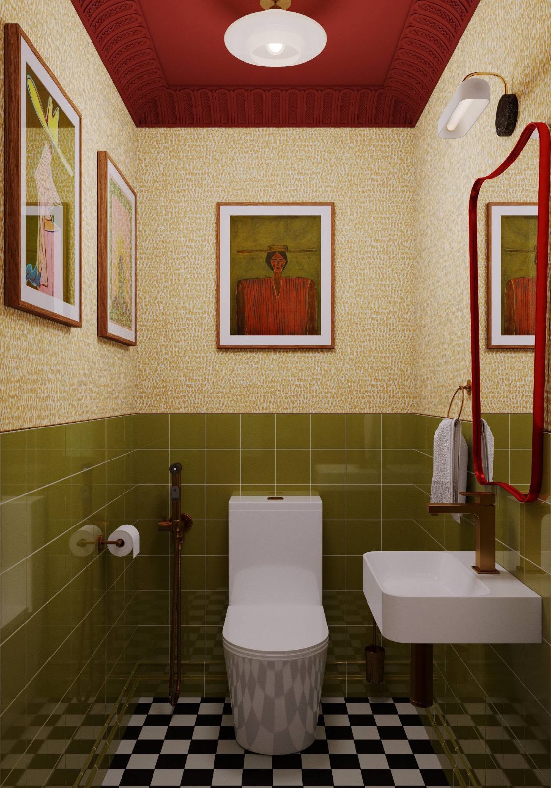 Olive tiled powder room with gilded frames