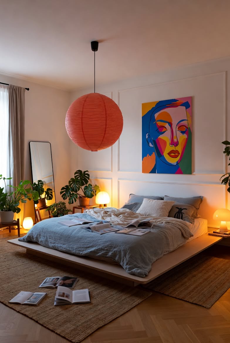 Bedroom with an orange paper lantern and a bold portrait painting