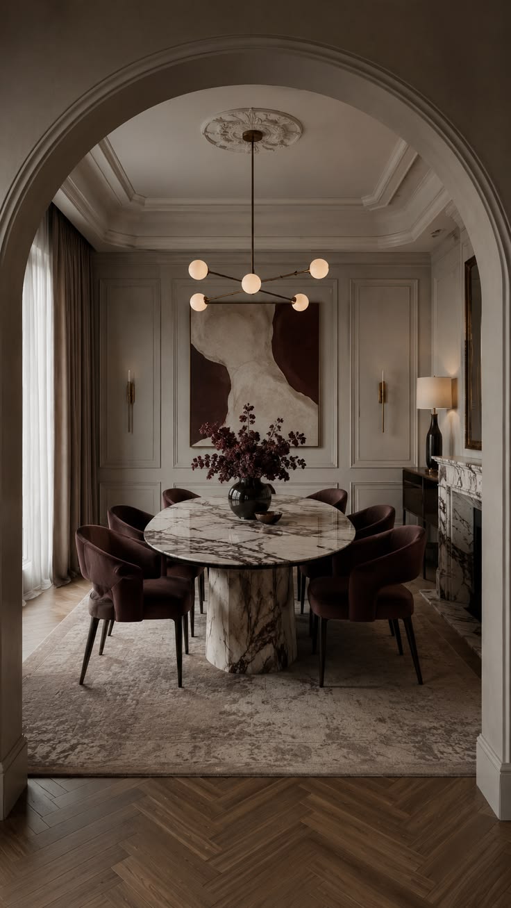 Round marble table in a paneled dining room