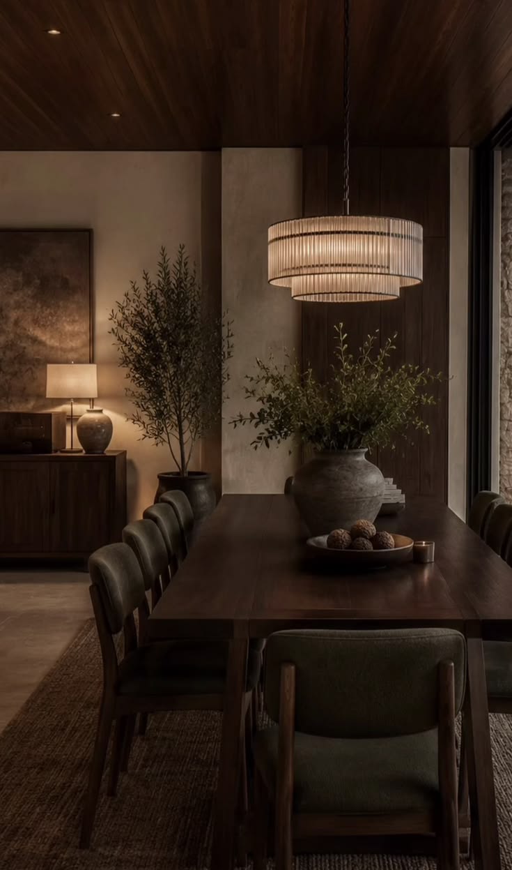 Long dining table under a pleated chandelier