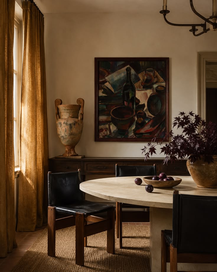 Round table with leather chairs and a large painting