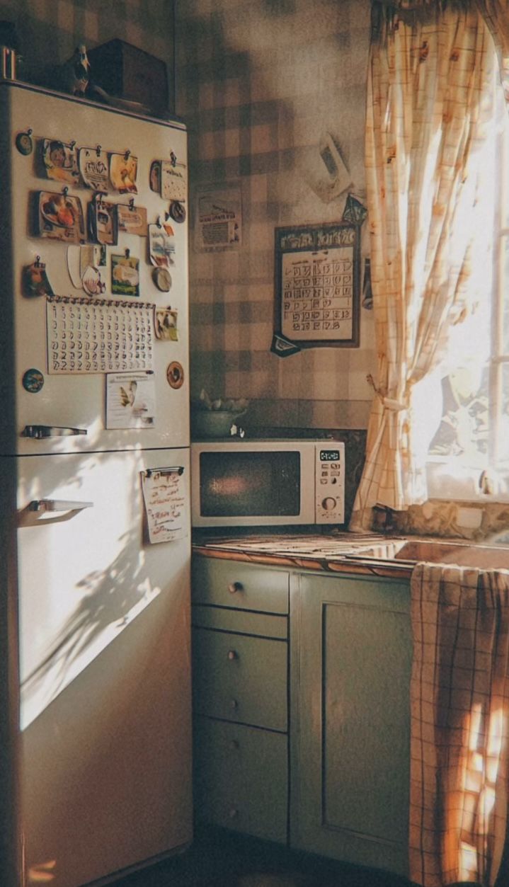 Vintage kitchen with checked curtains