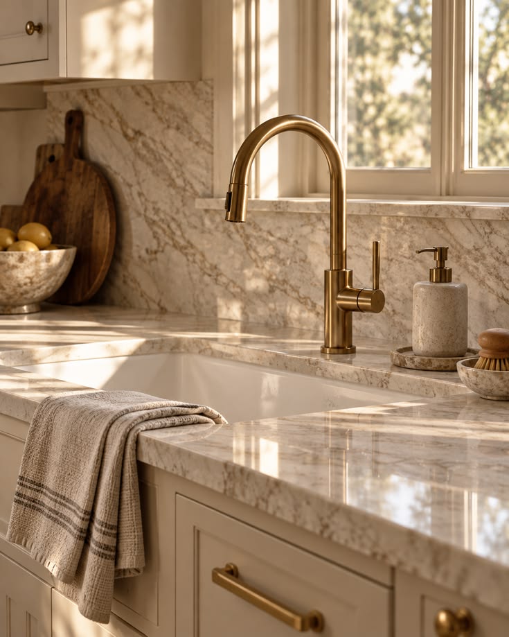 Marble counter with a brass faucet in morning light