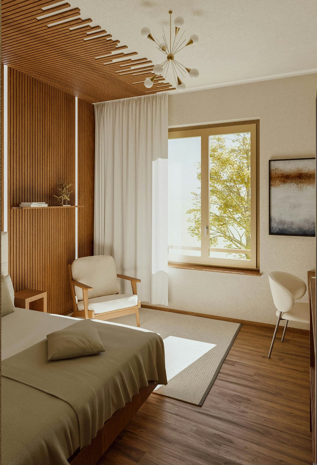 Wood-lined bedroom with a garden window