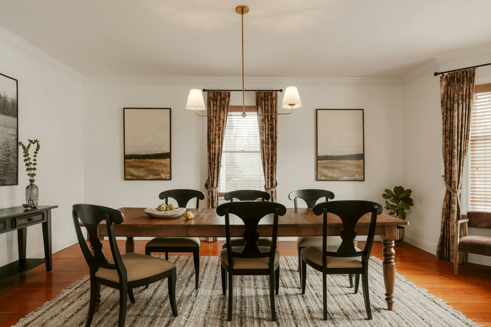 Classic dining room with striped curtains
