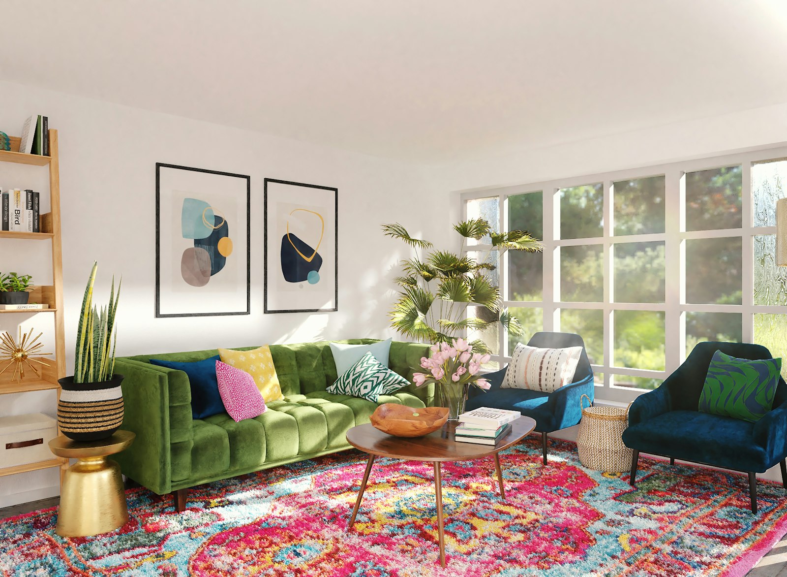 Green velvet sofa on a bright rug