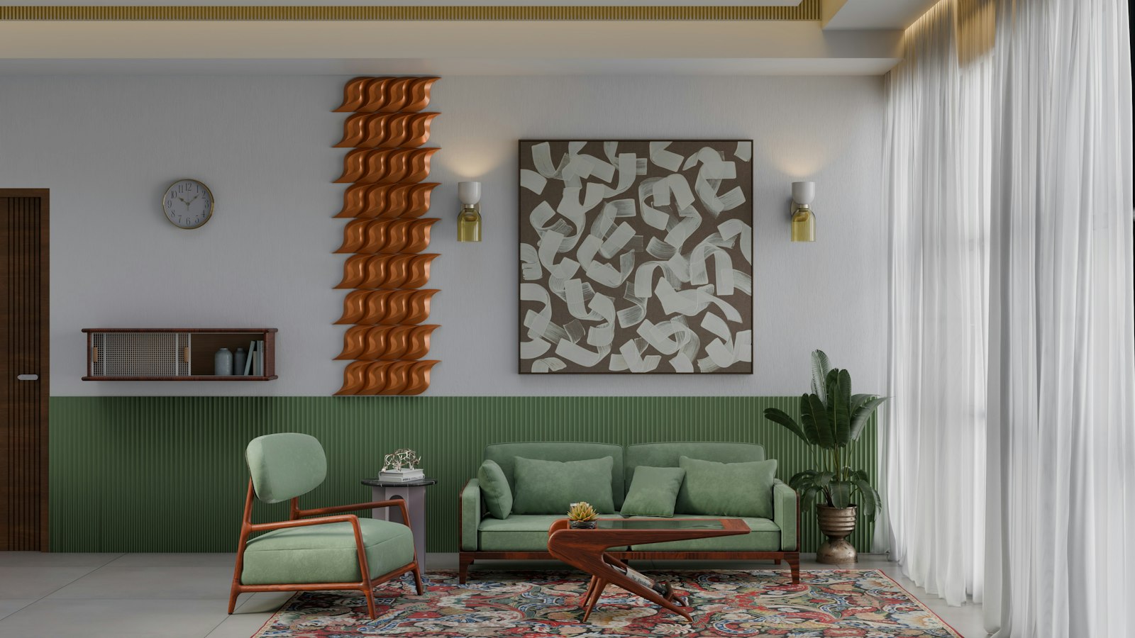 Sage sofa under a sculptural wall piece
