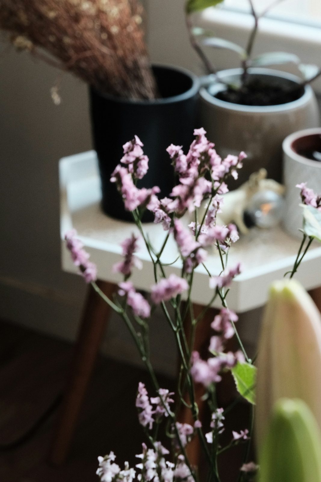Dried pink flowers on a side table