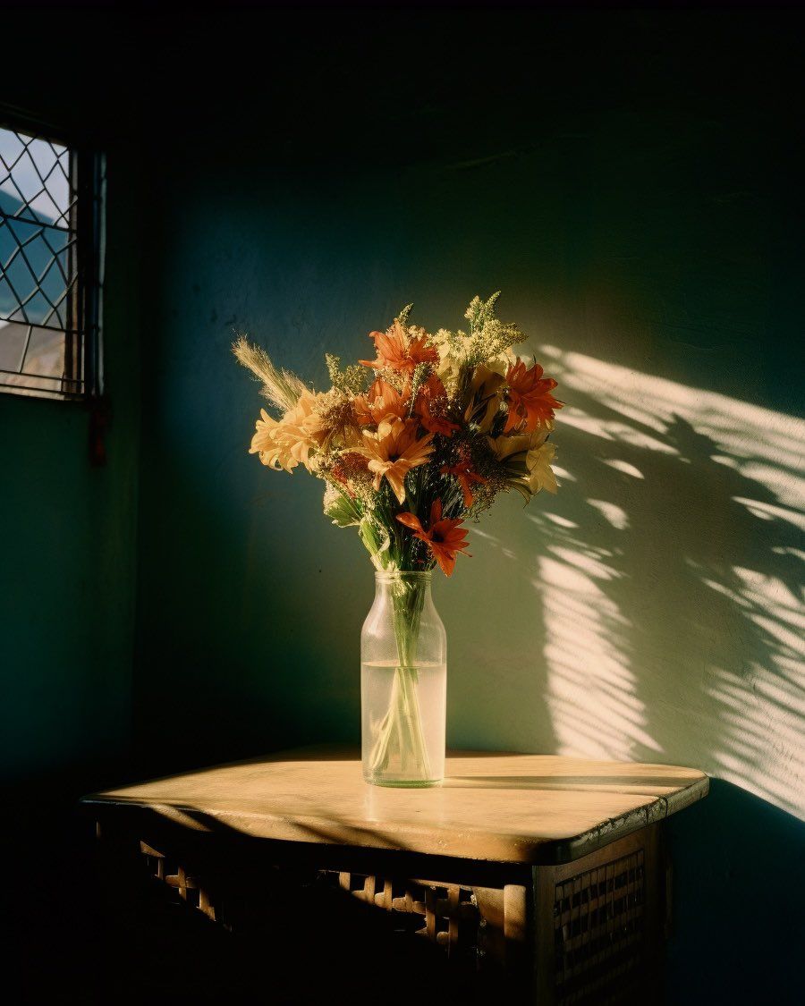 Flowers in a bottle in late sun