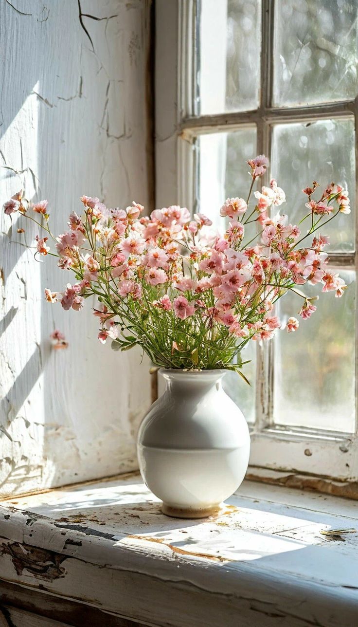 Pink flowers in a white vase by a window
