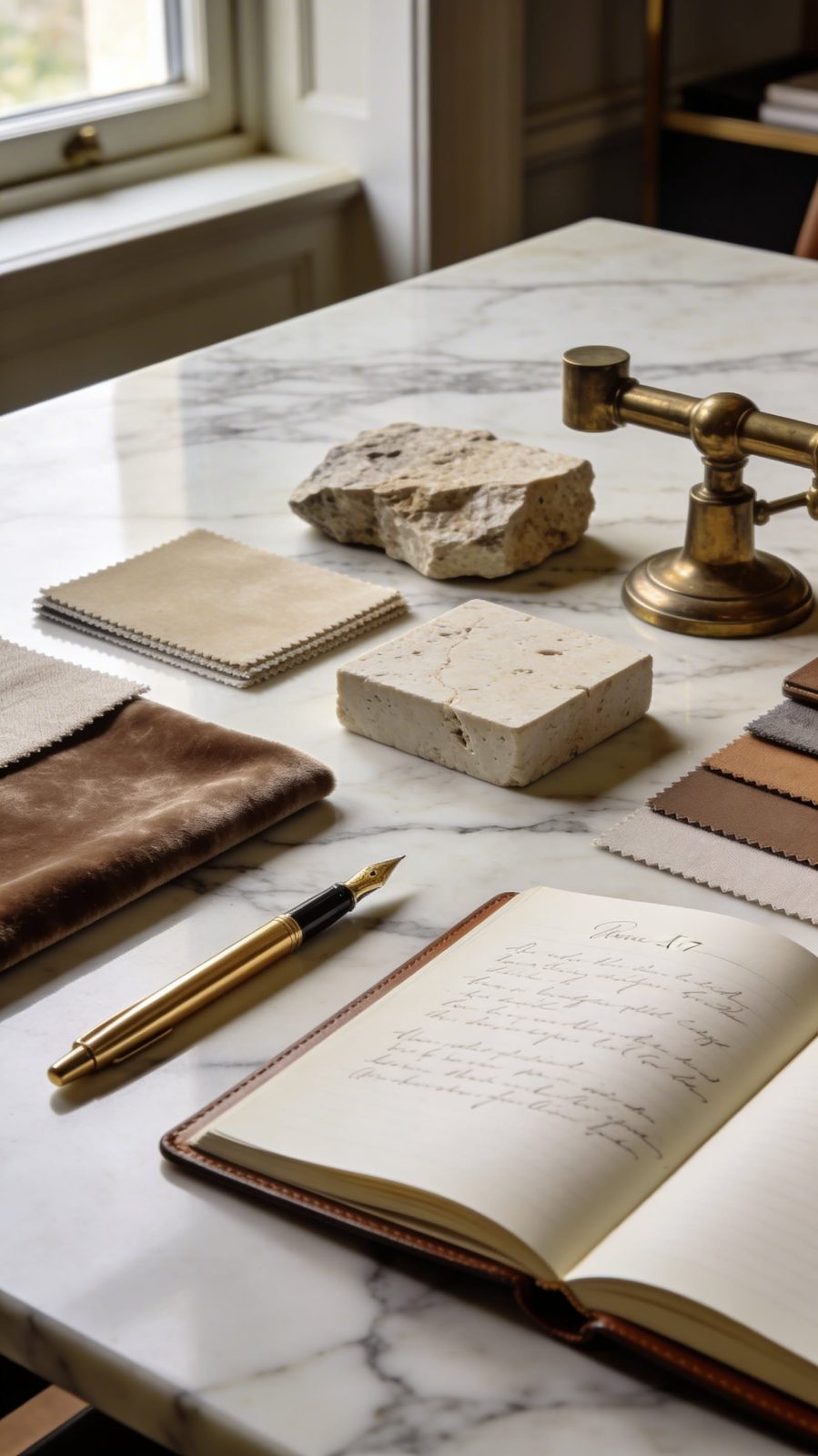Stone, leather and paper samples on marble