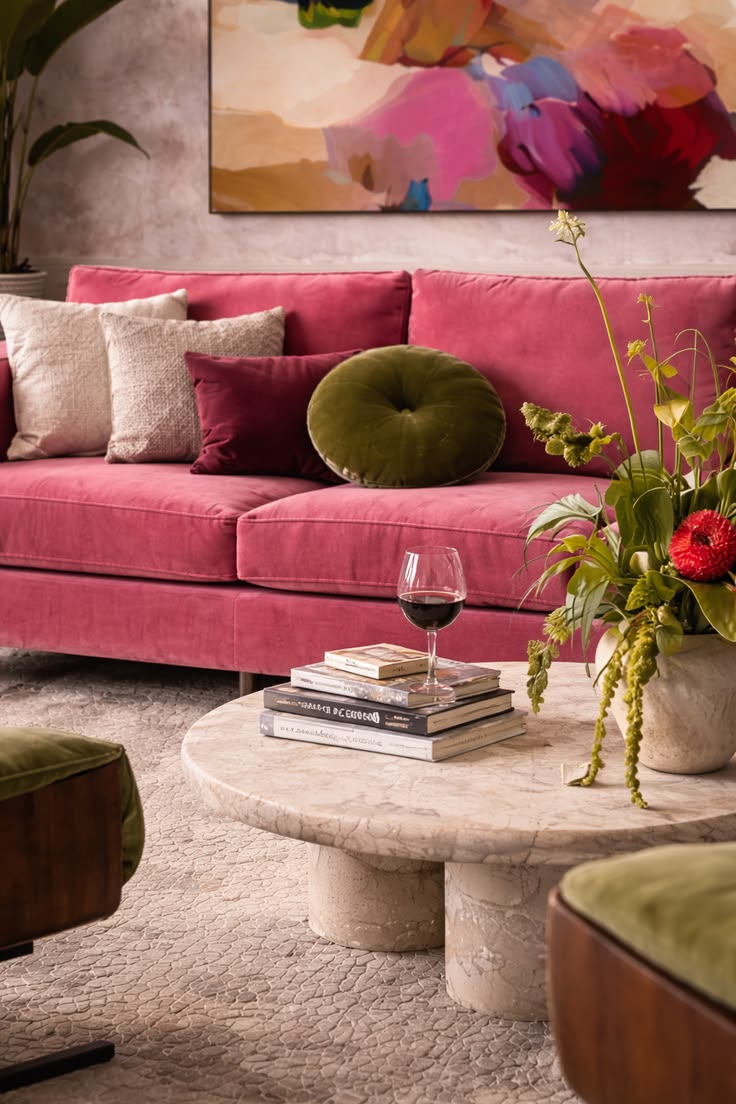 Living room with a rose velvet sofa and stone coffee table