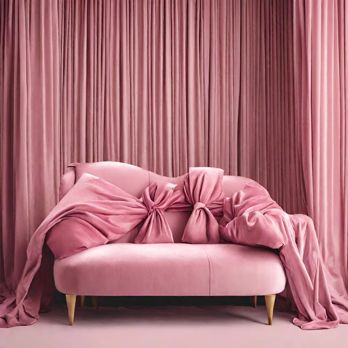 Pink loveseat draped with a bow