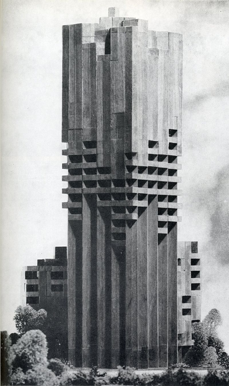 Stepped concrete tower above the trees