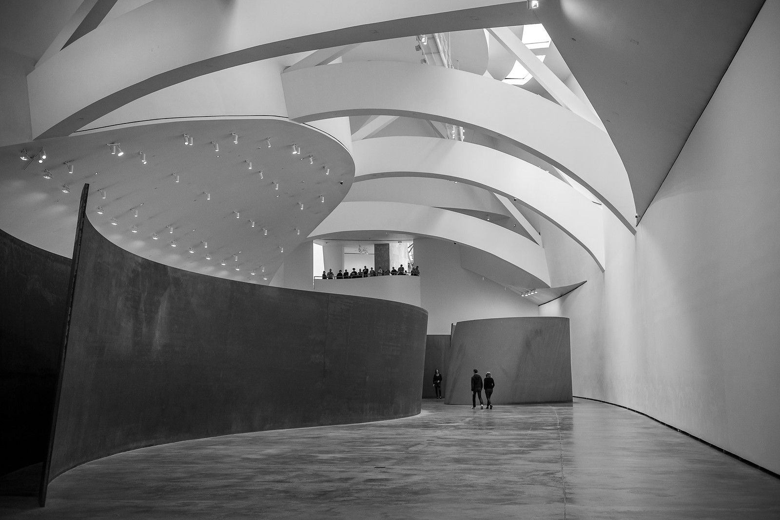 Curved gallery walls under a skylight