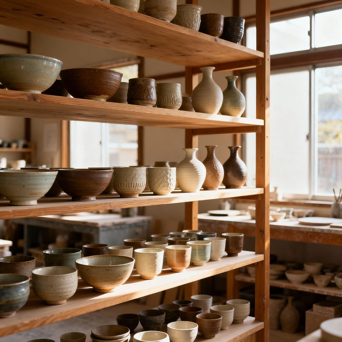 Wooden shelves of glazed bowls and bottles
