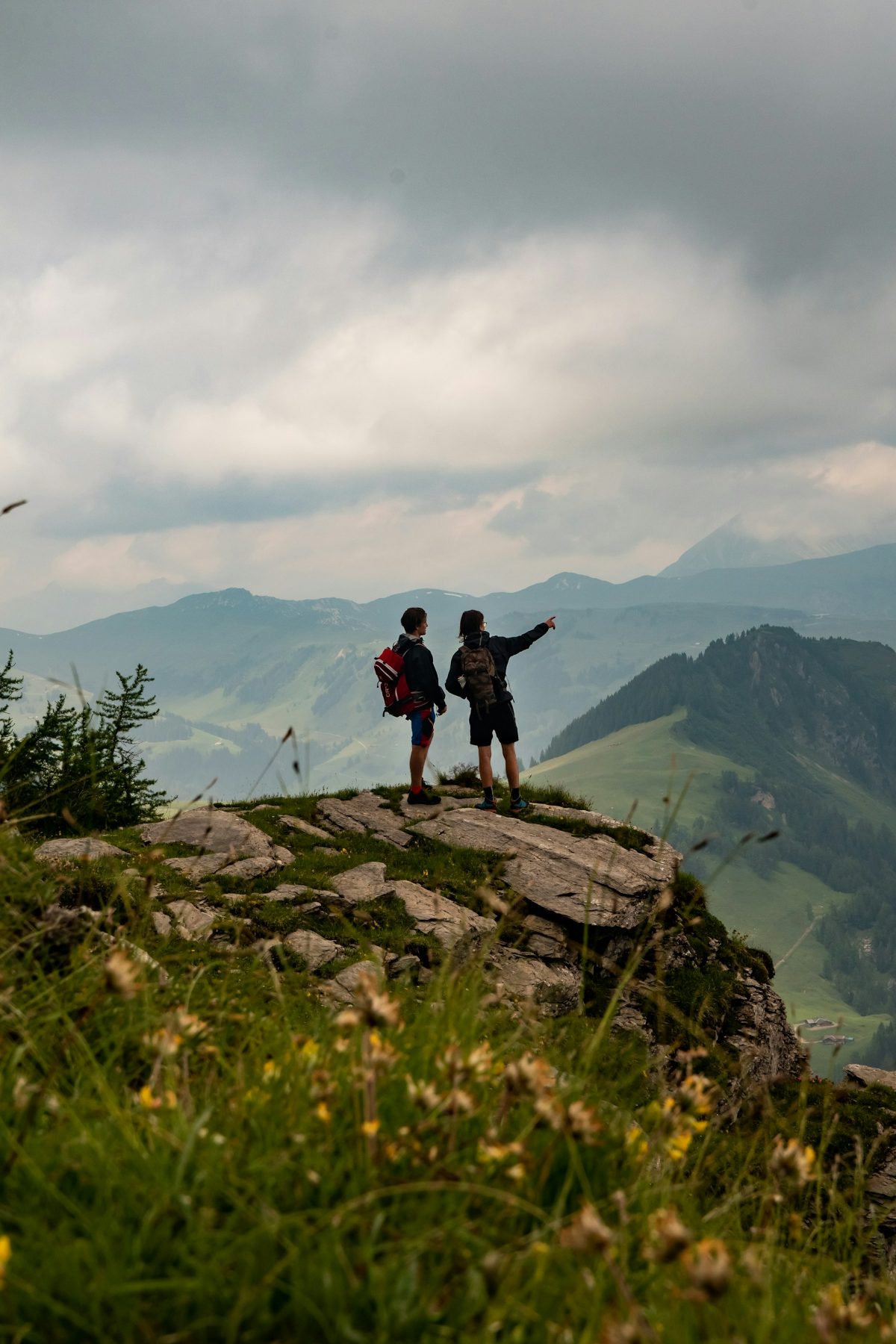 Two hikers on a lookout, one pointing at the valley