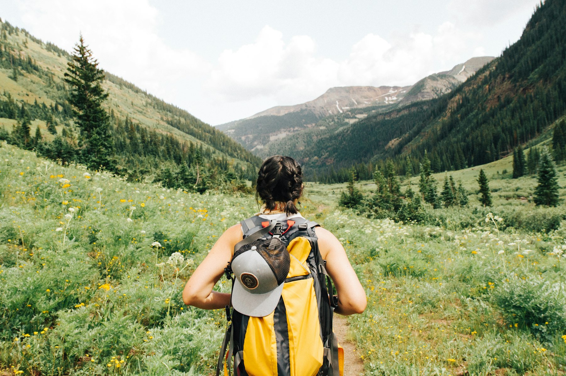 Walker with a yellow pack in a green valley