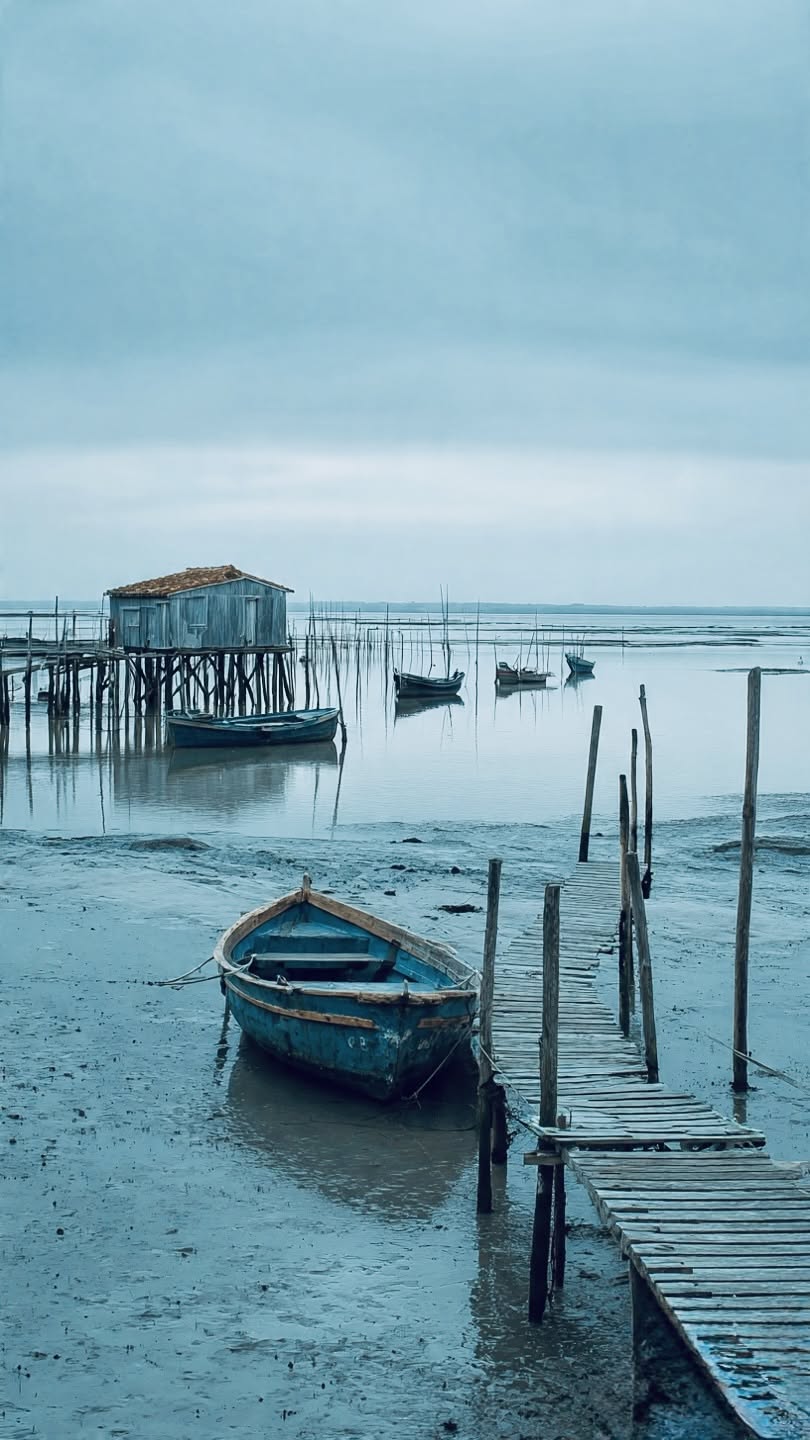 A blue rowing boat on the mud at low water beside a wooden jetty