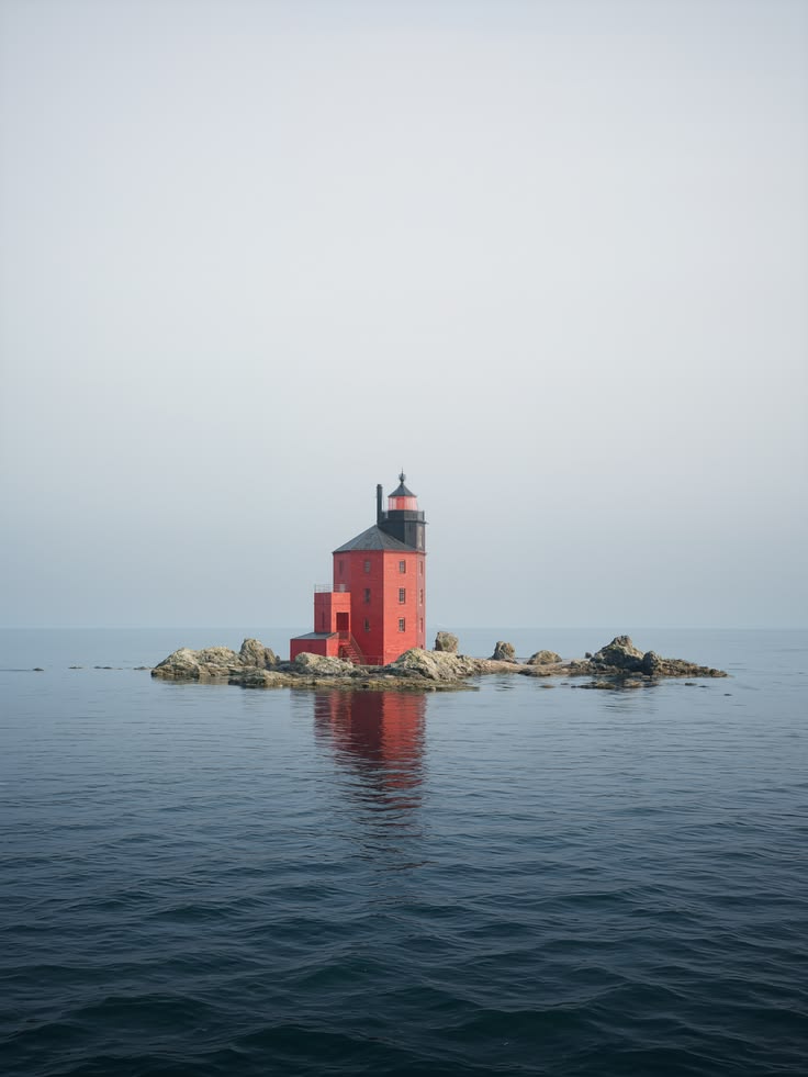 A red light tower on a rock in calm grey water