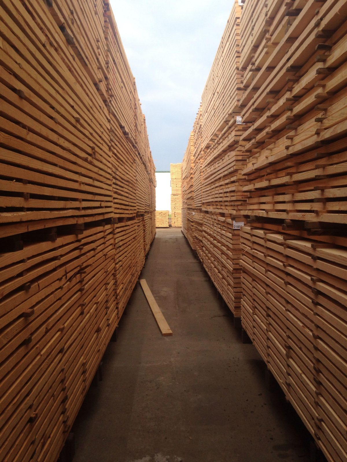 A narrow aisle between tall stacks of sawn boards
