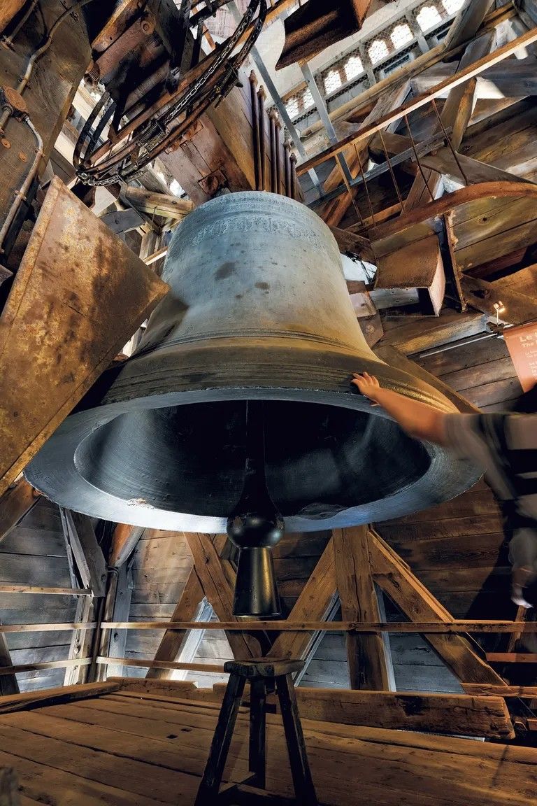 A bell raised mouth upward, set for ringing