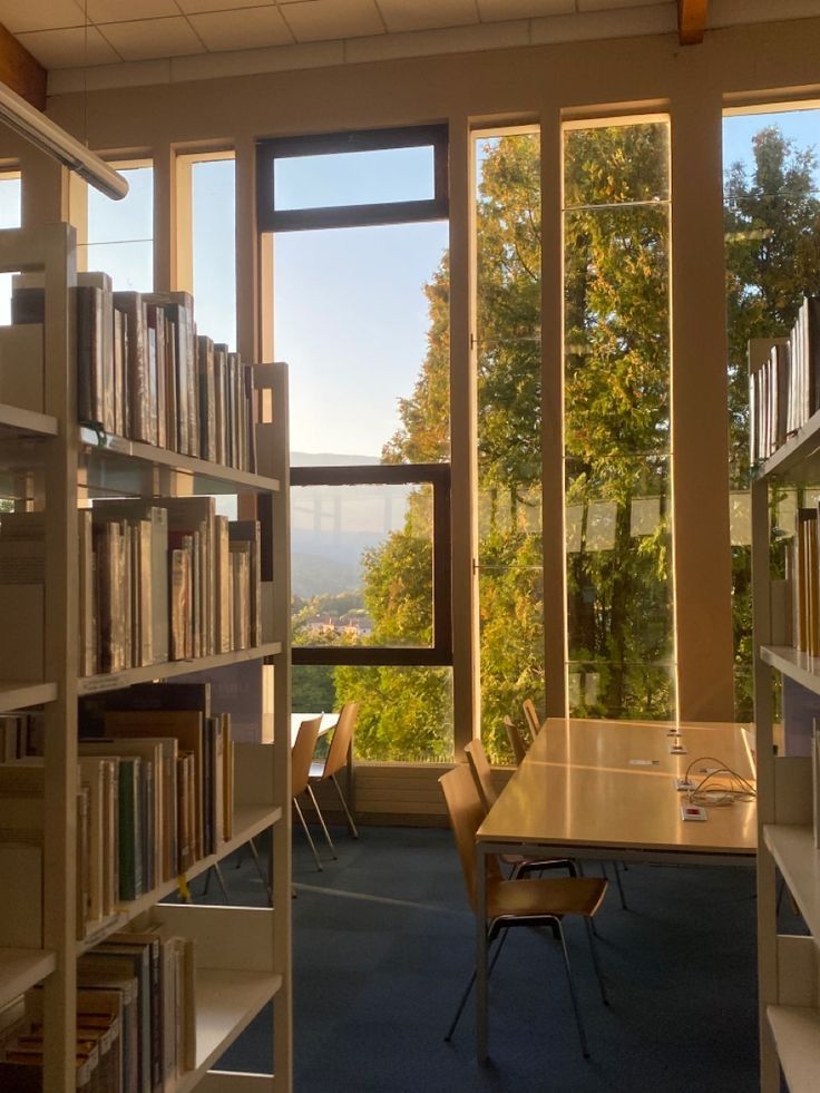 Window desks beside the open shelves