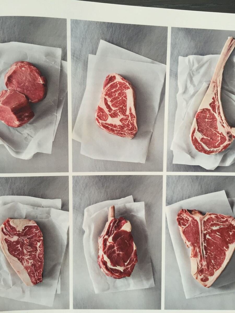 Six steaks on paper sheets in a grid