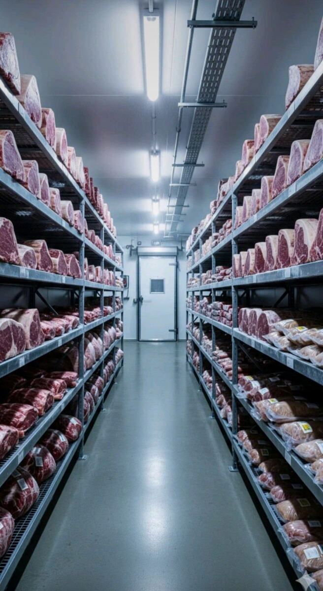 Cold store aisle with racks of boxed meat on both sides