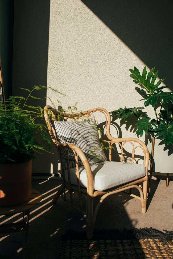Cane chair in sunlight against a white wall