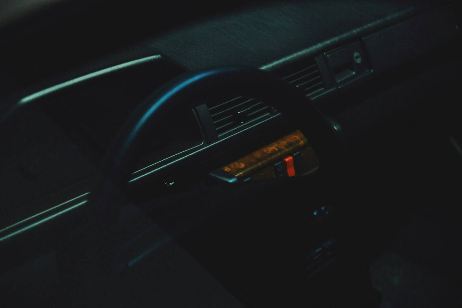 Dashboard and steering wheel in low light